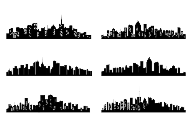 Coleção de silhueta de cidades negras horizonte horizontal definido em estilo simples isolado em branco paisagem urbana vetorial com janelas panorama urbano da cidade noturna