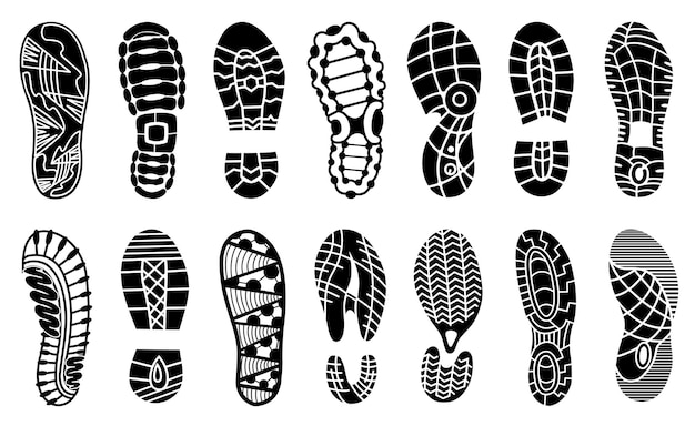Vetor coleção de silhueta de sapatos humanos de pegadas. conjunto de impressão de sola de sapato. diferentes pegadas de vetor homens mulheres tênis sapatos botas. ícones de footstamp isolados no fundo branco.