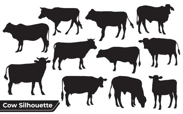 Coleção de silhueta de vaca em diferentes poses