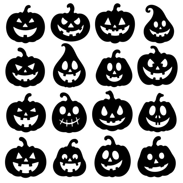Coleção de silhuetas de abóboras de Halloween em preto e branco