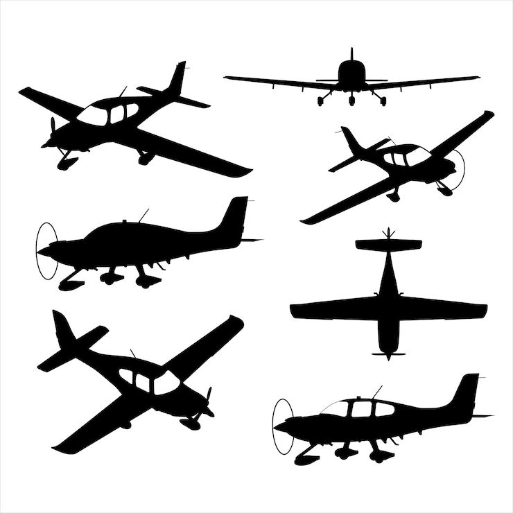 Vetor coleção de silhuetas de aviões em voo