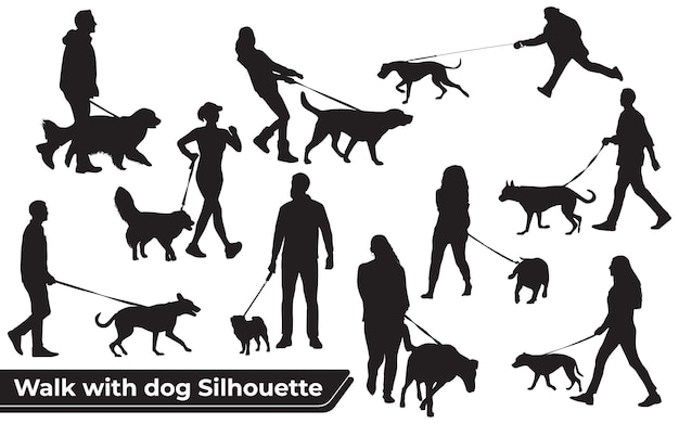 Coleção de silhuetas de caminhar com cachorro em diferentes poses