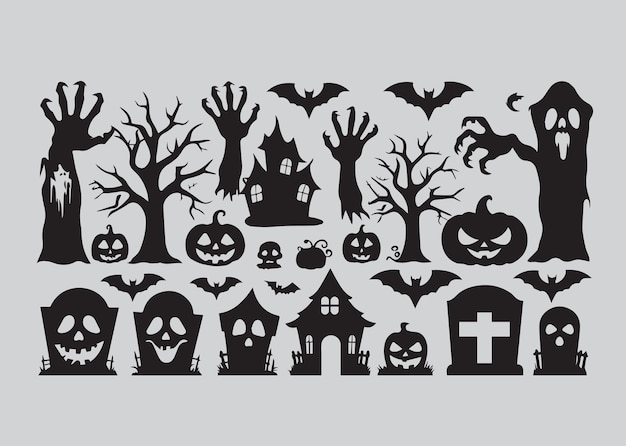 Coleção de silhuetas de Halloween Casa assombrada Árvore assustadora bruxa voadora abóbora todos os vetores