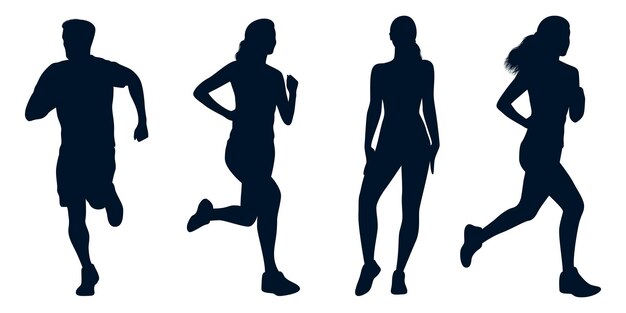 Coleção de silhuetas de homens e mulheres correndo em diferentes poses