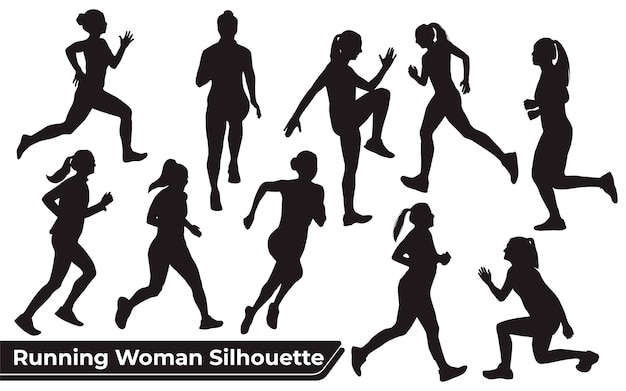 Coleção de silhuetas de running woman em diferentes poses