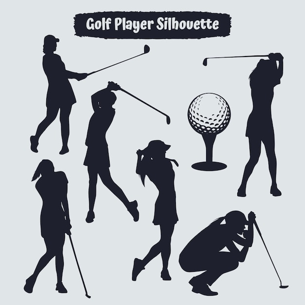 Coleção de silhuetas femininas de jogador de golfe em diferentes poses
