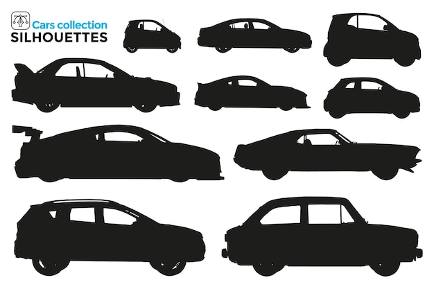 Coleção de silhuetas isoladas de diferentes tipos de carros