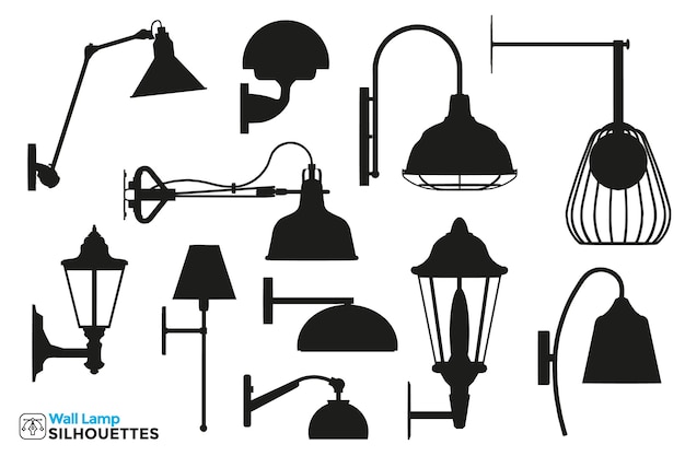 Coleção de silhuetas isoladas de lâmpadas de parede em diferentes pontos de vista.