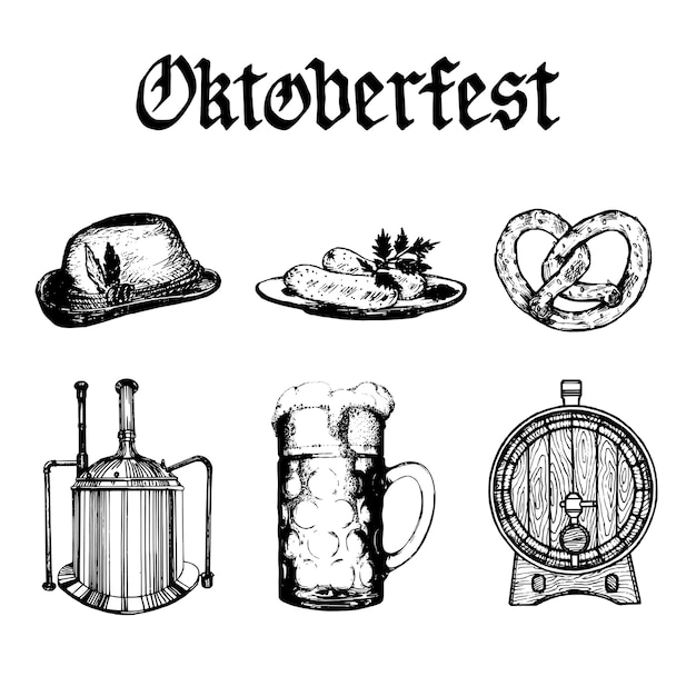 Coleção de símbolos da oktoberfest. ilustrações desenhadas de caneca de vidro, pretzel, barril, chapéu bávaro, chaleira, salsichas e texto em fonte gótica manuscrita