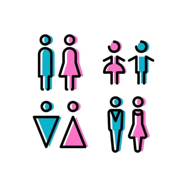 Coleção de símbolos de ícones de banheiros ou banheiros femininos e masculinos para guias de informações de locais públicos