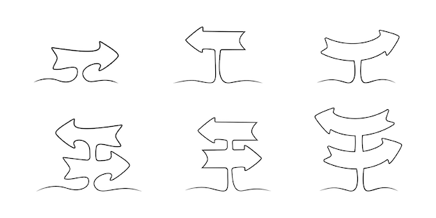 Coleção de sinais de setas de direção de estrada. conjunto de setas de desenho de linha contínua. setas de arte de uma linha. gráfico de vetor. eps 10