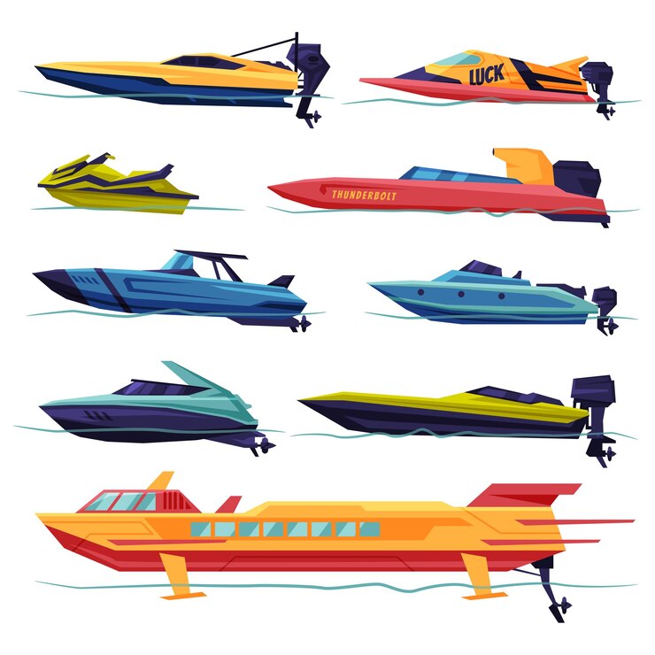 Vetor coleção de speedboat sailboat power boat ilustração vetorial de transporte motorizado náutico moderno