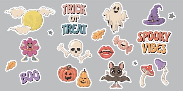 Coleção de syamps ou remendos coloridos de stikers de halloween vintage