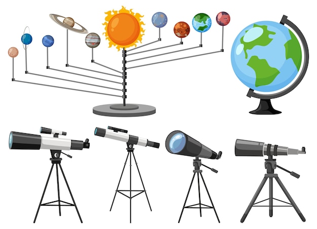 Vetor coleção de telescópios em tripés