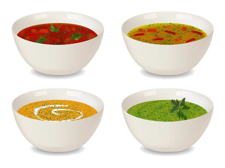 Coleção de tigelas com sopa e sopa de creme. Com vegetação e decorações. Objetos isolados em fundo branco. Estilo realista. Ilustração vetorial.
