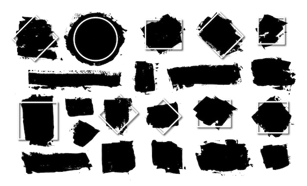 Coleção de traços vetoriais traços feitos à mão reais com formas e texturas variadas com uma moldura branca formas circulares texturas de spray pinceladas e aquarela na cor preta