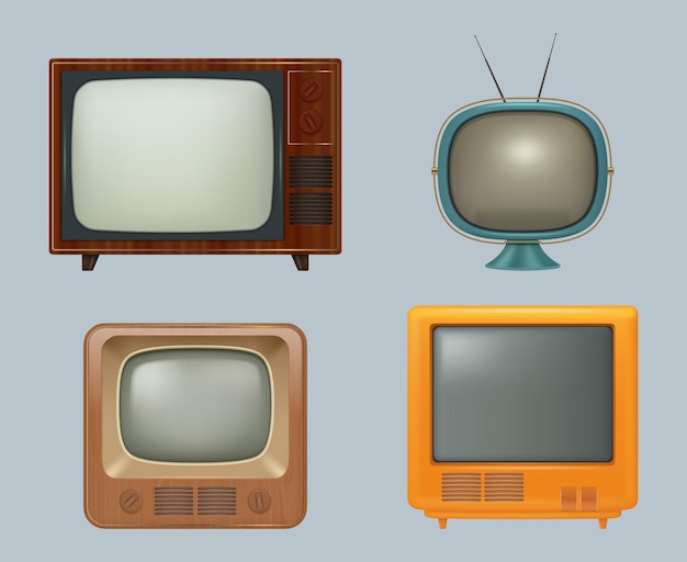 Vetor coleção de tv retrô aparelho de tv eletrônico realista dos anos 80 para assistir notícias de mídia de entretenimento e transmissões de filmes ilustrações vetoriais decentes