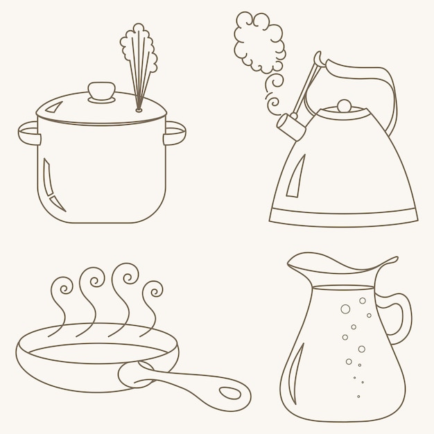 Coleção de utensílios de cozinha. equipamento de cozinha desenhado à mão em estilo doodle.