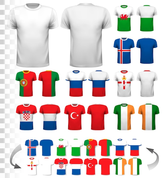 Coleção de várias camisas de futebol. a t-shirt é transparente e pode ser usada como template com o seu próprio design. vetor.