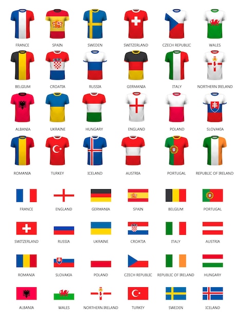 Coleção de várias camisas de futebol e bandeiras de países. vetor.