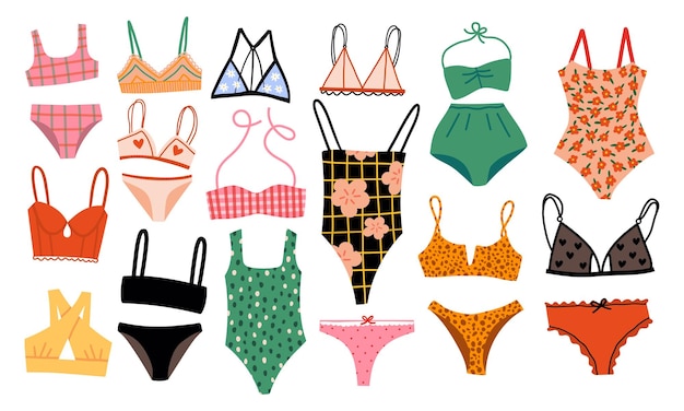 Vetor coleção de várias ilustrações desenhadas à mão de roupas de banho e lingerie em estilo de desenho animado plano