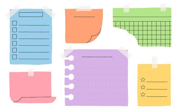Coleção de várias notas de papel notas de papel em branco para memórias do planejador de lista de tarefas adesivos e pedaços variados de fita adesiva modelo de planejador de vetor