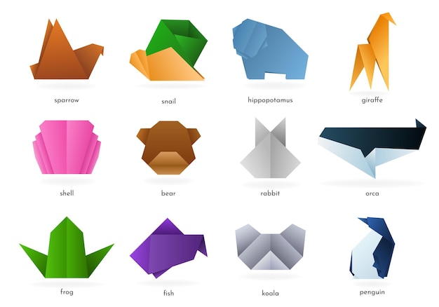 Vetor coleção de vários animais de origami, pássaros e peixes com cores gradientes vibrantes arte vetorial