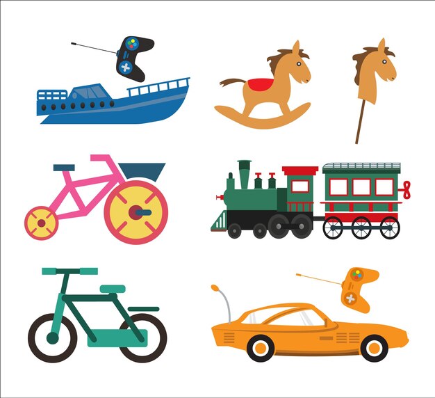 Coleção de vários brinquedos infantis Barco Trem Carro Cavalo e Bicicletas