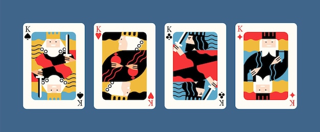 Vetor coleção de vários rei cartas de baralho ilustração plana vetorial editorial. design gráfico de símbolo de jogo colorido isolado. four of a kind combinação, mão de poker vencedora.