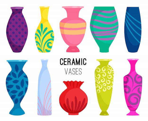 Coleção de vasos de cerâmica. Objetos de vaso de cerâmica colorida, copos de cerâmica antiga com flores