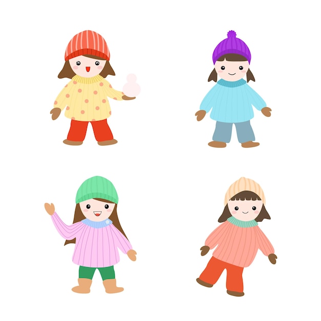Vetor coleção de vetores 4 meninas usam tricô e chapéu natal temporada de inverno