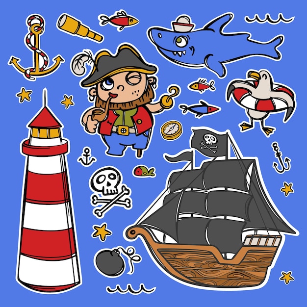 Coleção de vetores de adesivos de piratas capitão gancho e farol
