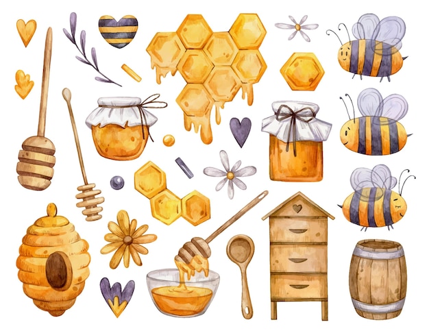 Coleção de vetores de aquarela bonita clipart de abelha isolada em fundo branco