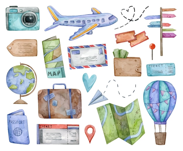 Coleção de vetores de aquarela bonita clipart de bilhete de avião de viagem isolado em fundo branco