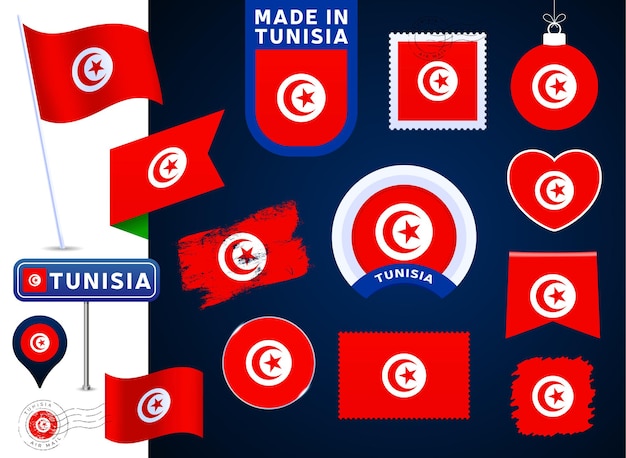 Vetor coleção de vetores de bandeira da tunísia. grande conjunto de elementos de design da bandeira nacional em diferentes formas para feriados públicos e nacionais em estilo simples. post mark, made in, love, circle, road sign, wave