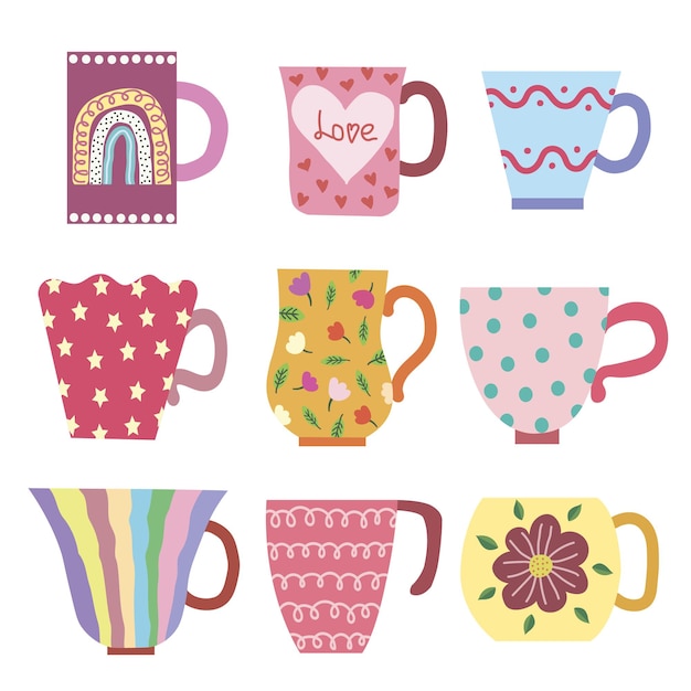 Coleção de vetores de canecas vintage brilhantes. desenhado à mão com um estilo escandinavo ingênuo. cores pastel, rosa, azul, cinza. para design de superfícies, estampas, papel de embrulho, tecido