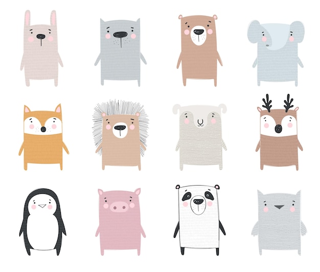 Coleção de vetores de desenhos de animais fofos de inverno em roupas aconchegantes. ilustração do doodle