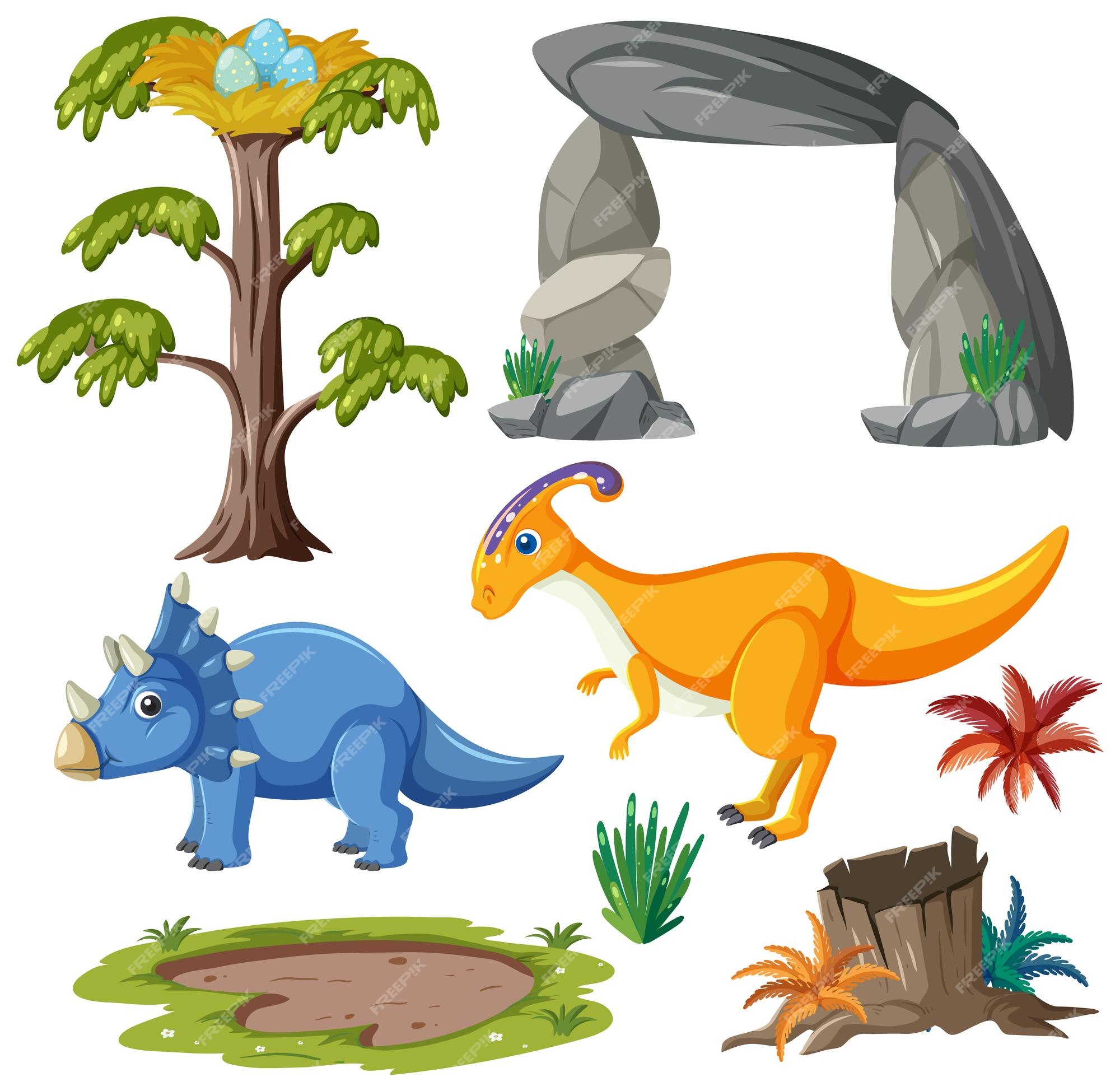 Vetores de Jogo Do Vetor De Etiquetas Bonitos Dos Dinossauros Com Nuvens  Ovos Pássaros Pegadas Cacto Palmeira Para Crianças Conceito Liso Dos  Caráteres Dos Desenhos Animados De Dino Ilustração Préhistórica Bonito Dos