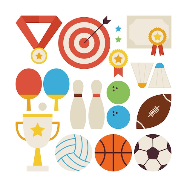 Coleção de vetores de estilo simples de recreação esportiva e objetos de competição isolados sobre o branco. Conjunto de ilustrações de esportes e atividades. Jogos de time. Primeiro lugar. Coleção de itens esportivos