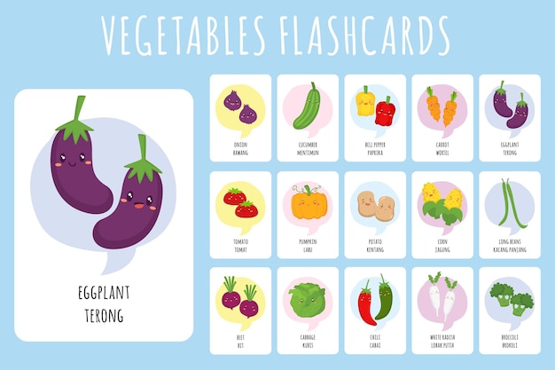 Vetor coleção de vetores de flashcards bilíngües de vegetais bonitos