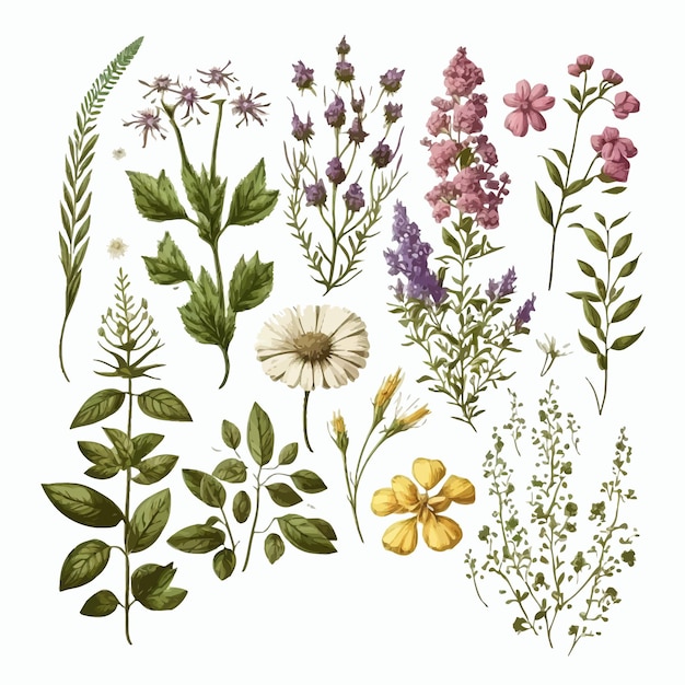 Coleção de vetores de flores silvestres Ilustração desenhada à mão isolada no fundo branco