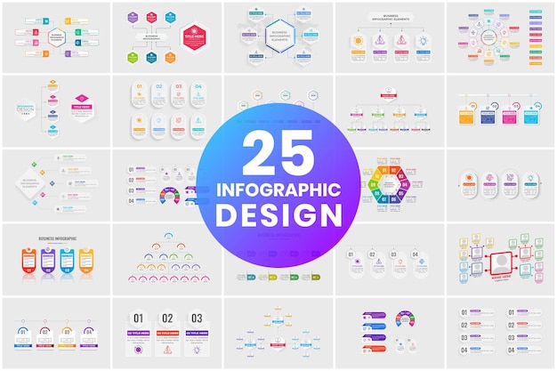 Coleção de vetores de infográfico e diagrama de negócios com formas coloridas visualização de dados e design de modelo de barra de gráfico com formas geométricas pacote de gráfico gráfico de apresentação de negócios plana