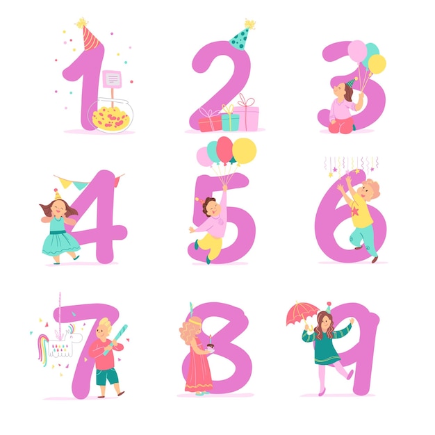 Coleção de vetores de números de festa de aniversário com personagens de criança feliz comemorando e chapéus de festa, presentes, doces, pinata, elementos de decoração. Estilo liso dos desenhos animados. Bom para cartões, convites para festas, etiquetas, etc.