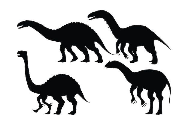 Coleção de vetores de silhueta de dinossauro em um fundo branco Belos dinossauros grandes para crianças silhueta cenografia Dinossauro carnívoro em pé pacote de vetores de silhueta preto e branco