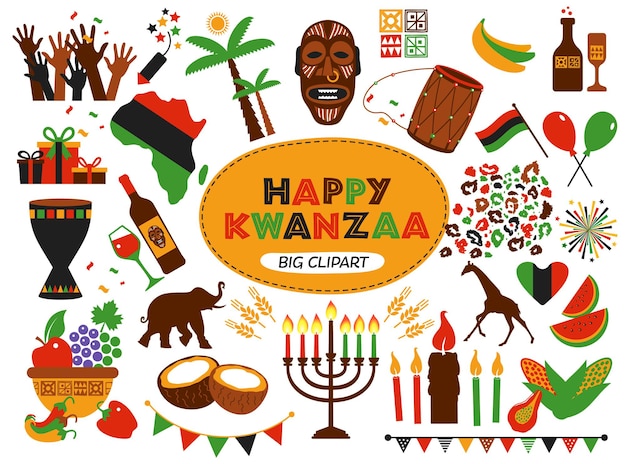 Coleção de vetores de símbolos de kwanzaa feliz no fundo branco