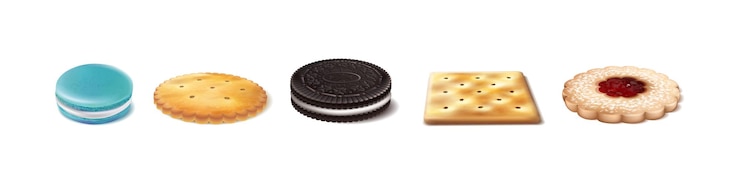 Vetor coleção de vetores de tipos de cookes bolachas macaroons linzar cookie oreo isolado no fundo branco vista lateral