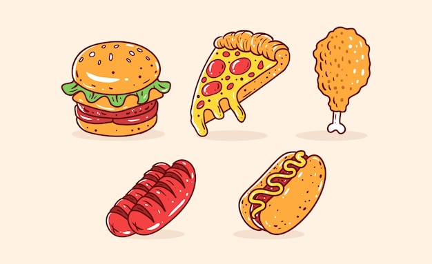 Coleção de vetores desenhados à mão de fast-food