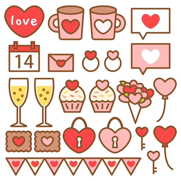Coleção de vetores elementos do dia dos namorados corações bebidas de amor flores biscoitos de cartas de amor