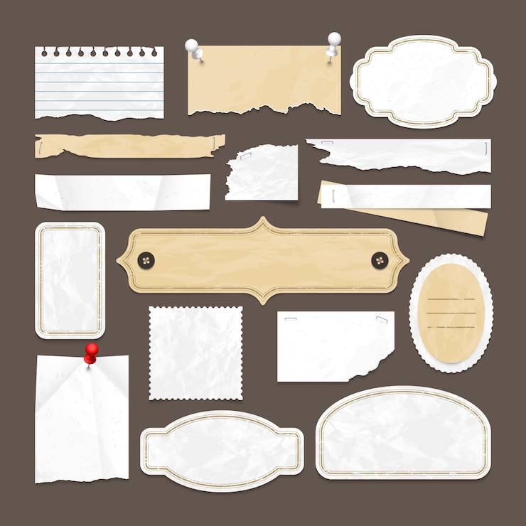 Vetor coleção de vetores retrô scrapbooking com papel velho, emblemas e quadros de imagens. ilustração, de, abstratos, papel, retro, em branco, etiqueta, elemento