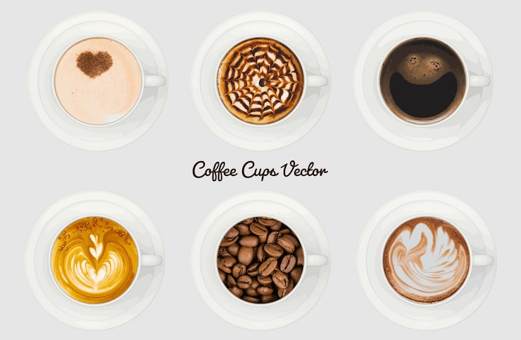 Vetor coleção de xícaras de café, design vetorial de vista superior.